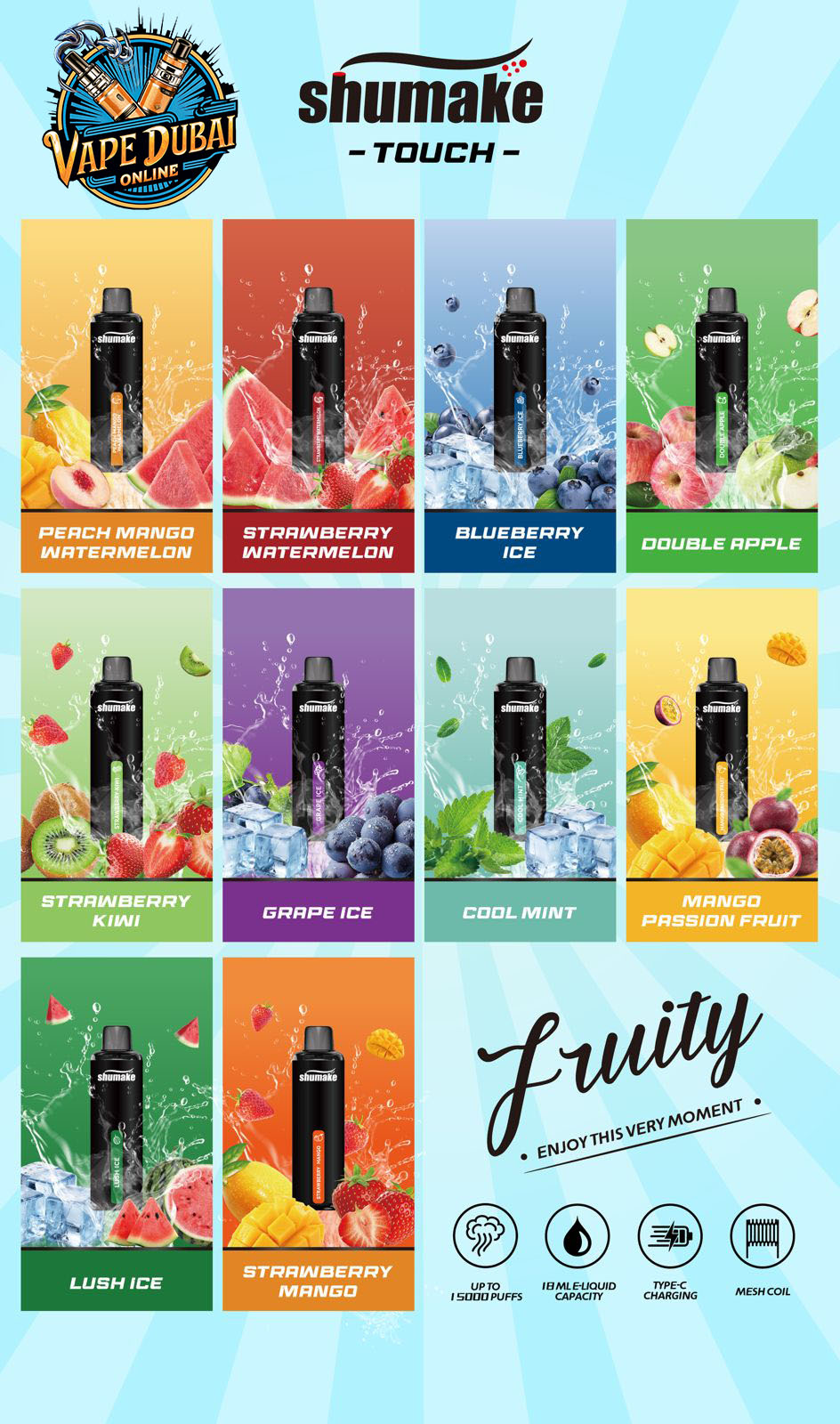 Shumake Touch 15000 Puffs Disposable Vape - Rechargeable in Dubai UAE