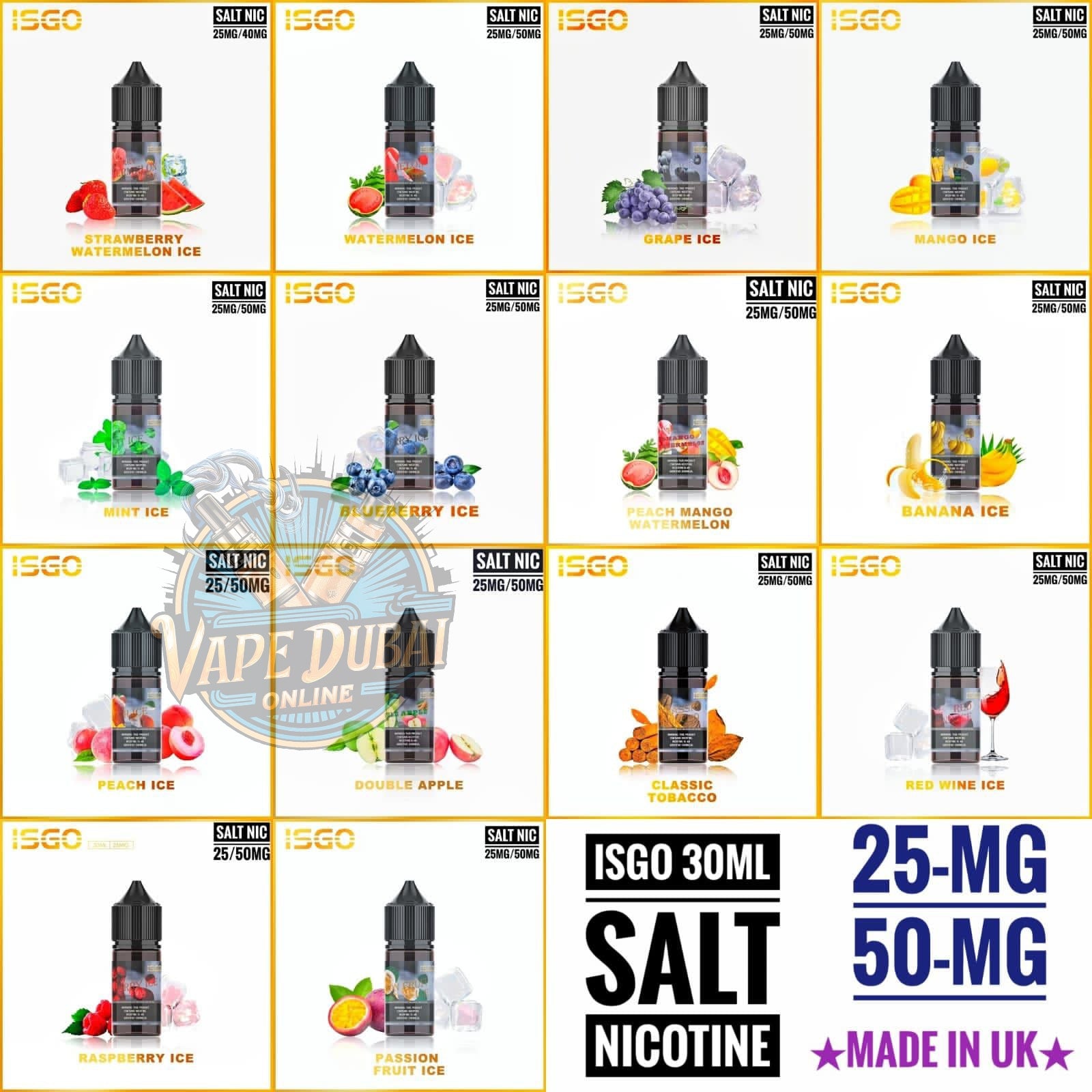 ISGO Salt Nic 30ml E-Liquid 25mg & 50mg – All Flavors in Dubai UAE